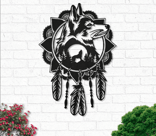 Native Wolf Dream Catcher Metal House Sign