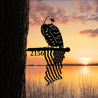 Customized Address Number Eagle American Flag Metal Tree Stake, Gift For Dad Laser Cut Metal Signs Custom Gift Ideas