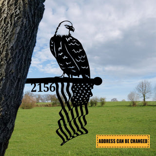 Customized Address Number Eagle American Flag Metal Tree Stake, Gift For Dad Laser Cut Metal Signs Custom Gift Ideas