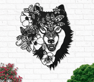 Howling Wolf Floral Metal House Sign