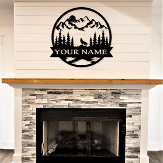 Custom Name Sign With Wolf And Moon, Metal Last Name Sign, Personalized Metal Name, Wolf Decor, Anniversary Gift, Wolf And Mountains Laser Cut Metal Signs Custom Gift Ideas