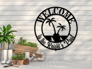 Personalized Family Pool Palm Tree Metal Sign, Metal Welcome Palm Tree Scene Sign Customizable Weatherproof Door Hanger Or Wall Art Laser Cut Metal Signs Custom Gift Ideas