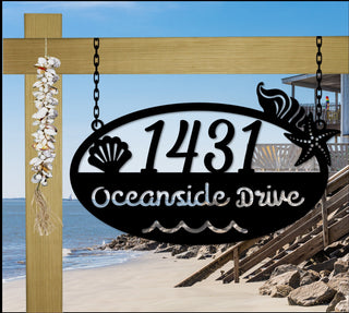 Hanging Beach House Address Sign, Nautical, Seashells, Mermaid, Tropical Custom Metal Address Sign, Beach House Decor, Laser Cut Metal Signs Custom Gift Ideas