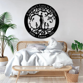 A Mother's Love Is Endless Tree Of Life Metal Sign, Mother And Three Children Steel Wall Hanger Laser Cut Metal Signs Custom Gift Ideas