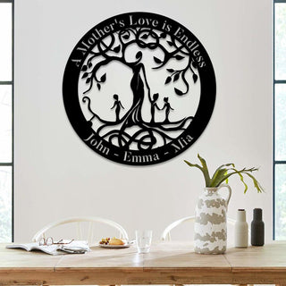 A Mother's Love Is Endless Tree Of Life Metal Sign, Mother And Three Children Steel Wall Hanger Laser Cut Metal Signs Custom Gift Ideas