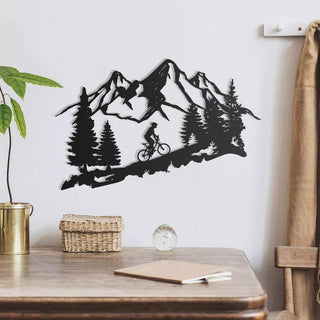 Mountain Tree and Cyclist Biker Wall Art Decor Cut Metal Sign Laser Cut Metal Signs Custom Gift Ideas