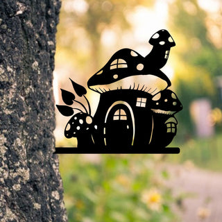 Mushroom House Metal Tree Stake, Weatherproof Steel Decoration, Metal Laser Cut Metal Signs Custom Gift Ideas