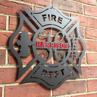 Firefighter Metal Maltese Cross W/ Ladder, Custom Metal Fire Department Sign Monogram Door Hanger, Firefighter Gift, Laser Cut Metal Signs Custom Gift Ideas