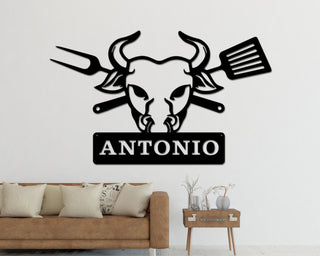 Bull Head, Personalized Metal Bbq Sign, Dad's Bbq Wall Art Sign, Grill Father Bull Head, Custom Name Sign, Barbecue Outdoor, Metal Sign Laser Cut Metal Signs Custom Gift Ideas