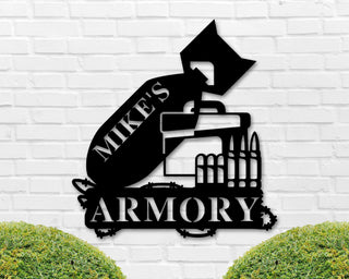 Armory Sign, Personalized Gun Name Sign, Gun Owner Gift, 2nd Amendment, Army Gift, Veteran, Father's Day Gift, Hunting Gift, Ar15 Decor Gun Laser Cut Metal Signs Custom Gift Ideas