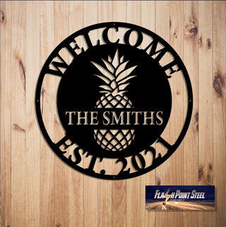 Pineapple Sign, Welcome Sign, Entrance Sign, Wall Decor, Plasma Cut Steel Sign, Custom Sign, Family Sign, Personalized, Established Laser Cut Metal Signs Custom Gift Ideas