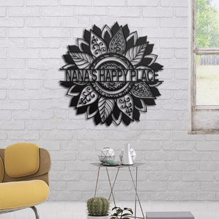 Sunflower Nana's Happy Place Personalized Metal Wall Art Laser Cut Metal Signs Custom Gift Ideas