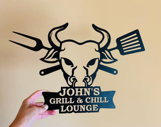 Personalized Metal Bbq Sign For Porch Grill & Chill Lounge Custom Name Sign Barbecue Outdoor Dad's Bbq Wall Art Sign Grill Father Bull Head Laser Cut Metal Signs Custom Gift Ideas