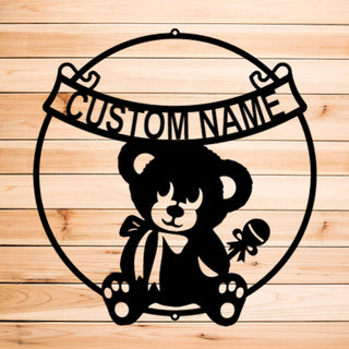 Teddy Bear Baby Banner Personalized Indoor Outdoor Steel Wall Sign Art Unique Baby Shower Nursery Decor Gift For New Mom Child Bedroom Laser Cut Metal Signs Custom Gift Ideas