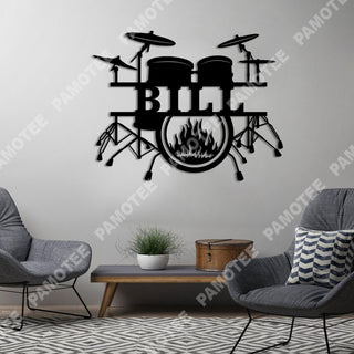 Custom Name Drum And Fire Metal Art, Drummer, Musician Home Decor, Metal Laser Cut Metal Signs Custom Gift Ideas