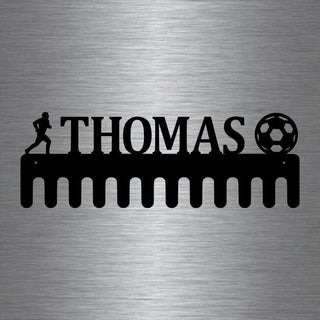 Soccer And Male Runner Custom Name Medal Hanger Holder Display Rack 12 Hooks, Cut Metal Sign, Metal Wall Art, Laser Cut Metal Signs Custom Gift Ideas