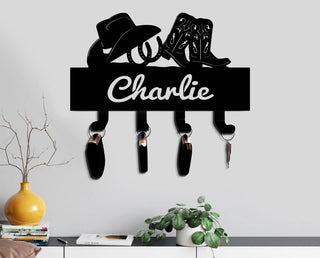 Personalized Cowboy Keychain Holder Metal Signs, Cowgirl Metal Sign, Custom Text, Hat And Boots Metal Wall. House Decor, Cowboy's House Sign, Laser Cut Metal Signs Custom Gift Ideas