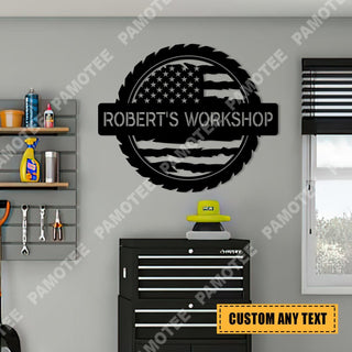 Custom Workshop With American Flag Steel Plaque, Metal Wall Hanging Garage, Metal Laser Cut Metal Signs Custom Gift Ideas