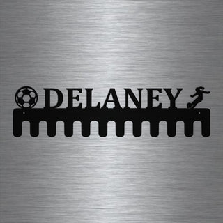 Soccer Custom Name Medal Hanger Holder Display Rack Female 12 Hooks, Cut Metal Sign, Metal Wall Art, Laser Cut Metal Signs Custom Gift Ideas