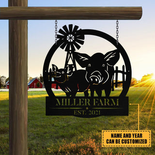 Metal Farm Sign Pig Windmill Monogram, Custom Outdoor Entry Road, Wall Decor Art Gift, Metal Laser Cut Metal Signs Custom Gift Ideas