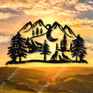 Wolf, Moon And Mountain Metal Sign, Nature Picture Home Decor, Metal Laser Cut Metal Signs Custom Gift Ideas