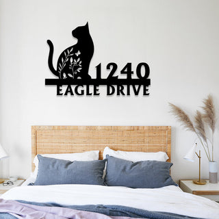 Personalized Address Cat Art Metal Sign, Custom Housewarming Metal Art, Wall Decor, Metal Laser Cut Metal Signs Custom Gift Ideas