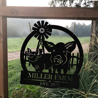 Metal Farm Sign Pig Windmill Monogram, Custom Outdoor Entry Road, Wall Decor Art Gift, Metal Laser Cut Metal Signs Custom Gift Ideas