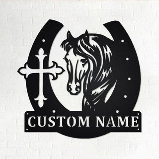 Custom Large Horseshoe With Horse Head And Cross Personalized Horse Name Sign Decoration For RoomHorse And Cross Decorations