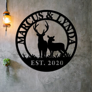 Buck And Doe Deer Custom Family Name Steel Art Deer In Woods Antler Sign Family Name Sign Custom Metal Sign Cabin Decor Decorations