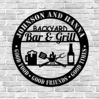 Personalized Backyard Bar & Grill Metal Wall Beer Sign Bbq Outside Wall Decor Family Name Metal Sign Decorations