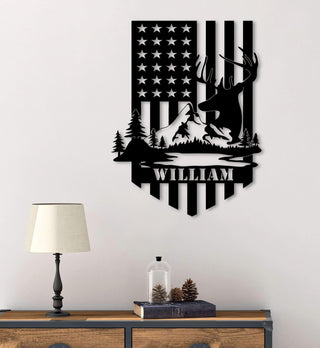 Dear Hunting American Flag Metal Sign Mountain Sign Deer Sign Hunting Sign Hunter Gift Metal Name Sign Decorations