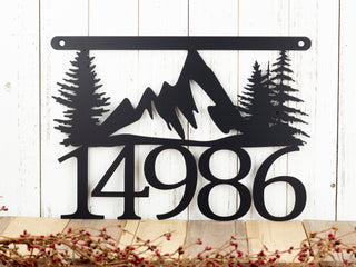 House Number Plaque With Mountains And Pine Trees Metal Sign Cabin Signs Lake House Decor Rustic Matte Black Shown Decorations