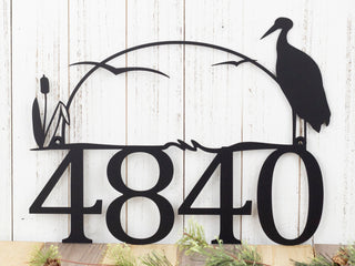 House Number Plaque In Laser Cut Metal With Heron & Cattails Number Sign Lake House Decor Cabin Signs Matte Black Shown Decorations