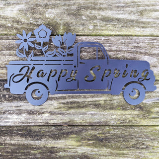 Happy Spring Truck Sign Black Steel Wall Decor Cut Metal Sign Wall Metal Art Decorations