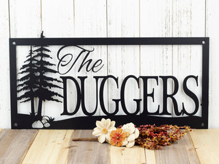 Custom Outdoor Family Last Name Metal Sign With Pine Trees And Rocks Black Custom Sign House Sign Decorations