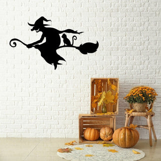 Witch And Cat Broom Silhouette Metal Sign Gothic Wall Decor Halloween Decorations Outdoor Witch Signs Black Cat Sign Halloween Gift Decorations