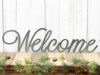 Welcome Script Metal Sign Silver Word Art Wall Decor Door Signs Door Decorations Welcome Plaques Decorations