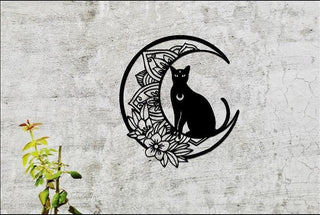 Black Cat On The Moon Sign Cat And Moon Moon Cat Sign Black Cat And Moon Decor Magic Moon Cat Sign Decorations