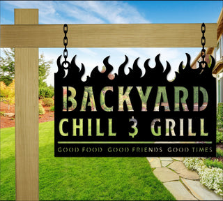 Backyard Chill & Grill Sign Metal Sign Backyard Sign Good Food Good Friends Good Times Hanging Bbq Sign Stakes Decorations