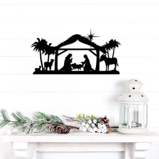 Nativity Scene Christmas Sign Holiday Decor Religious Christmas Gift Metal Manger Sign Mantel Shelf Sitter Decorations