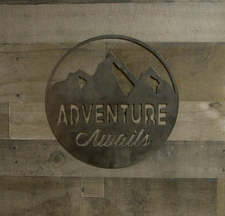 Custom Personalized Adventure Awaits Round Metal Sign Industrial Farmhouse Decor Cabin Wall Art Decorations