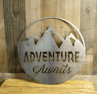 Custom Personalized Adventure Awaits Round Metal Sign Industrial Farmhouse Decor Cabin Wall Art Decorations