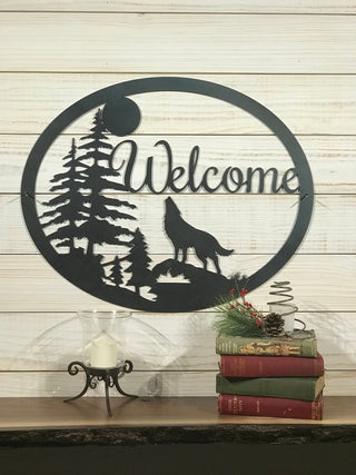 Large Metal Wolf Howling Welcome Sign 20 Inch Rustic Metal Decor Large Metal Sign Decorations