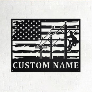 Custom Lineman USA Flag Round Personalized Lineman Name Sign Decoration For Room Lineman Custom LinemanLineman Decorations