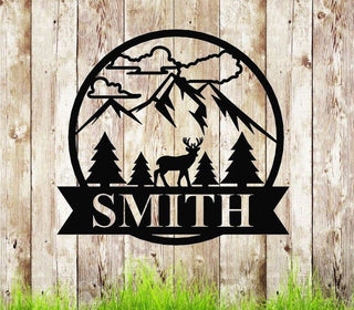 Deer Tree And Mountains Monogram Established Last Name Family Sign Metal Hunting Cabin Sign Personalized Deer Sign Decorations