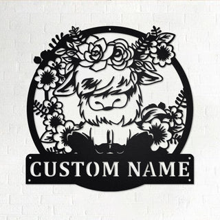 Custom Floral Highland Cow Personalized Highland Cow Name Sign Decoration For Room Highland Cow Metal Custom Cow Decorations