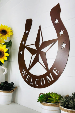 Horseshoe Lone Star Welcome Metal Wall Sign powder Coated Howdy Partner Texas Star Westernmetal Art Decorations