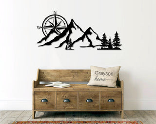 Nw Compass Rose Mountain Scene Metal Sign Metal Farmhouse Decor West Coast Metal Mountain Sign Northwest Adventure Decorations