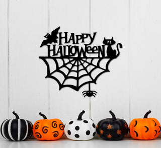 Metal Happy Halloween Sign With Spider Web Bat And Cat Metal Word Art Halloween Decor Front Door Hanger Halloween Entryway Decor Decorations