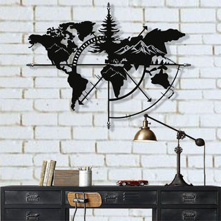 Metal World Map Mountain Design World Map Compass Wall Decor Interior Decoration Wall Hanging Black White Silver Bronze Gold Decorations